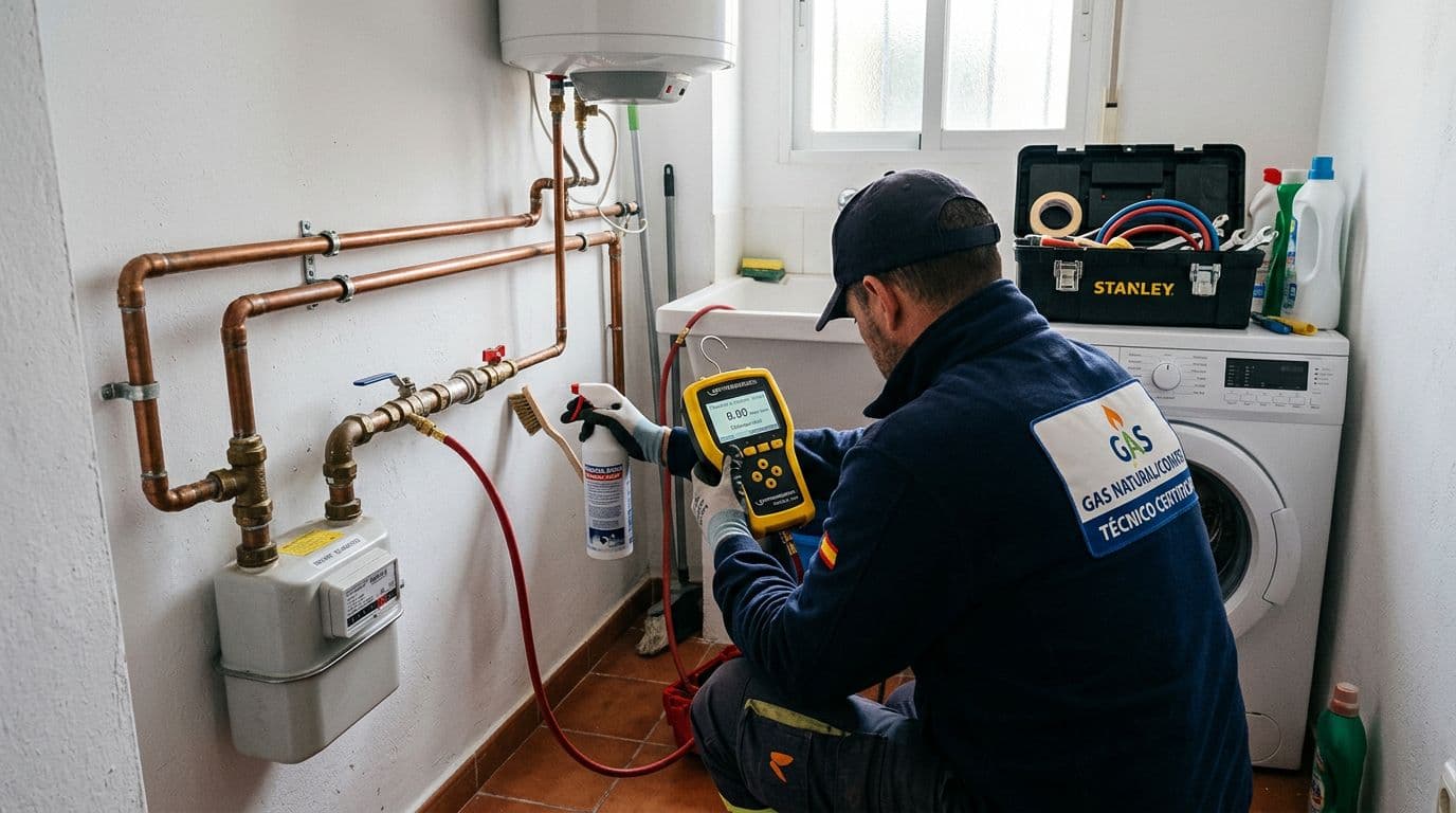 Técnico autorizado realizando una prueba de estanqueidad durante la revisión de una instalación de gas