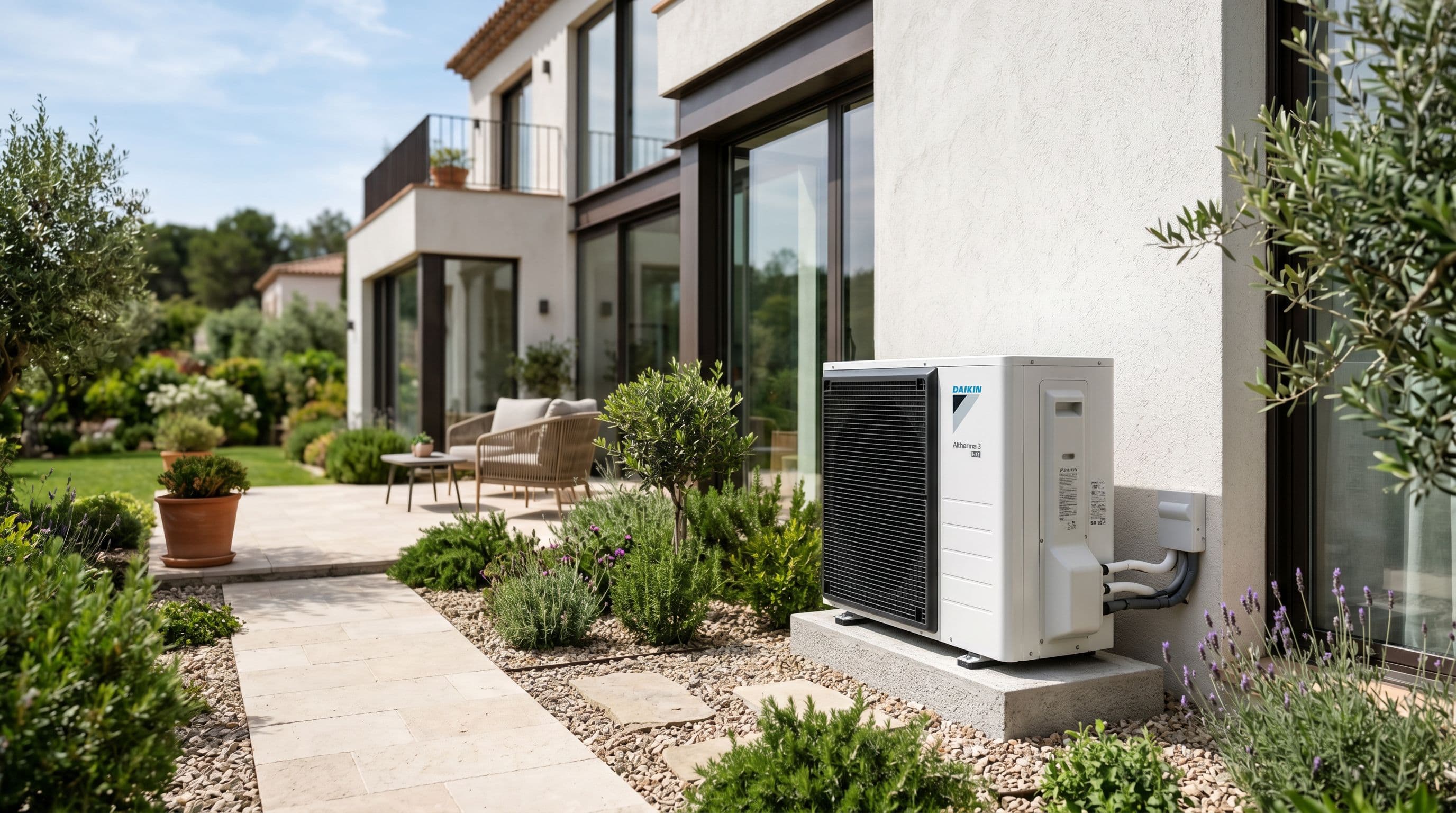 Unidad exterior de bomba de calor aerotérmica de diseño moderno instalada en vivienda española con integración arquitectónica